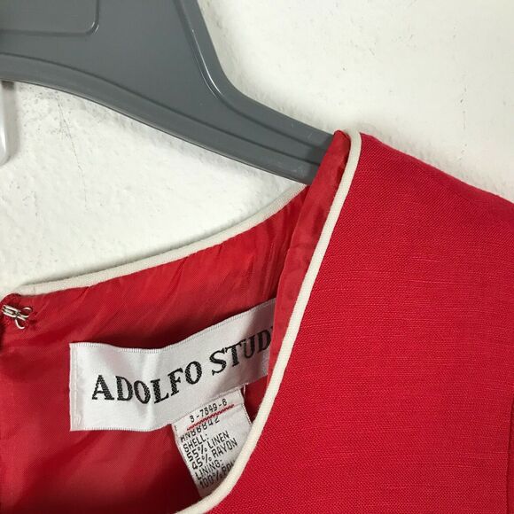 Vintage 1990s Adolfo Studio Dress Size 10P Red Short Sleeve Sheath Linen Blend - Picture 4 of 7